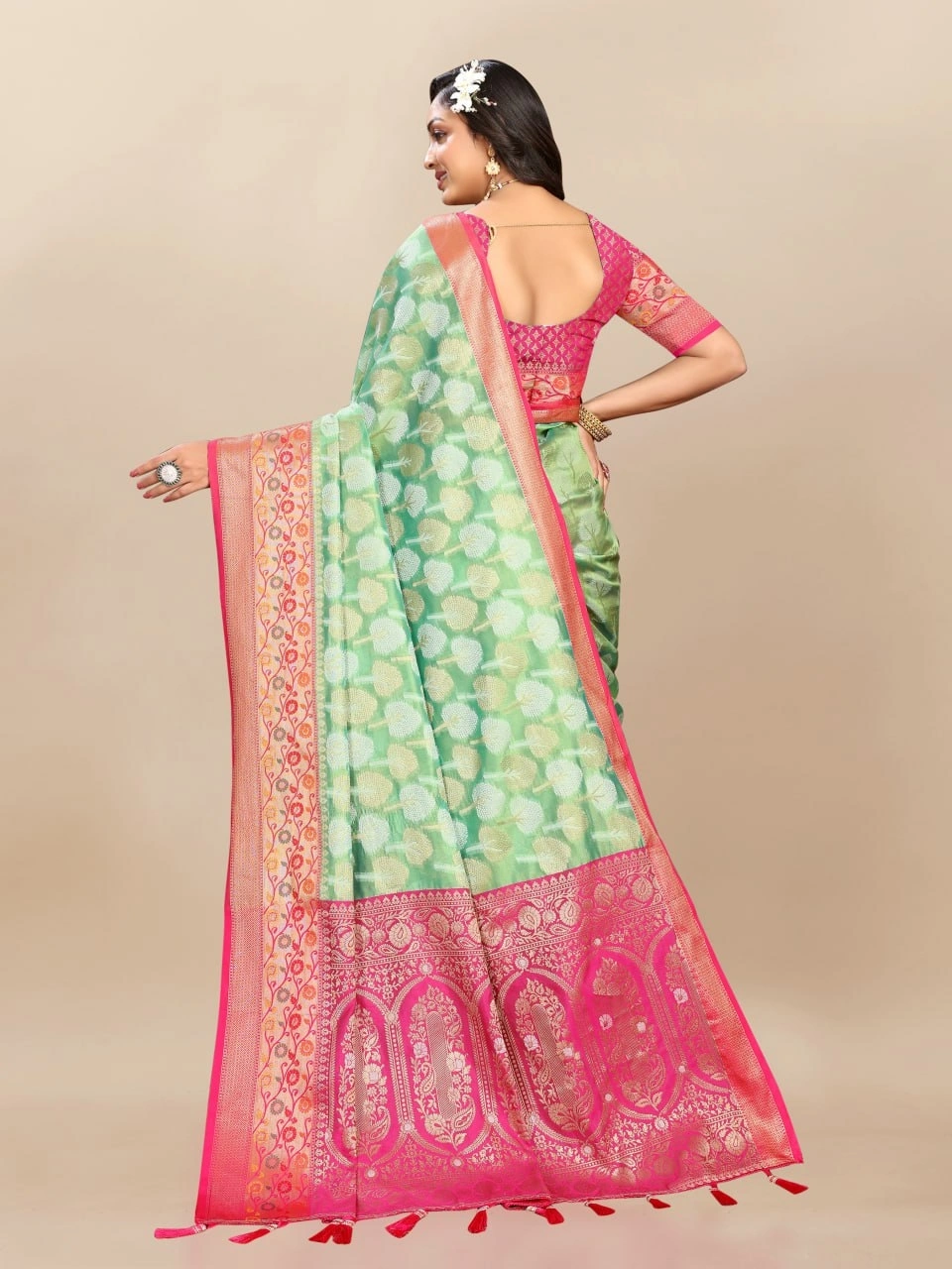 Soft Organza Silk Saree with Elegant Meenakari Weaving Design-Pista-3