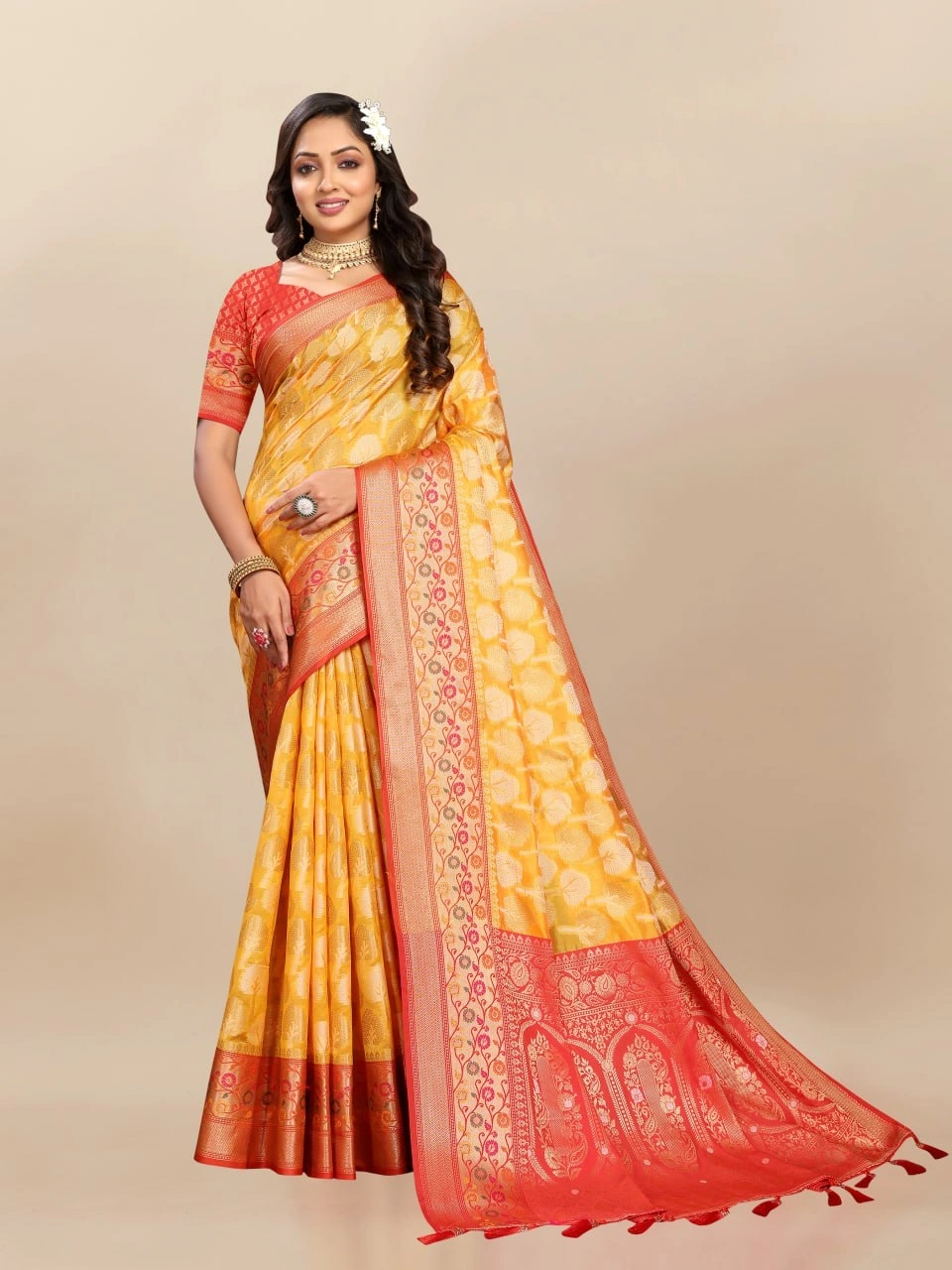 Soft Organza Silk Saree with Elegant Meenakari Weaving Design-RMNX-308-Yellow