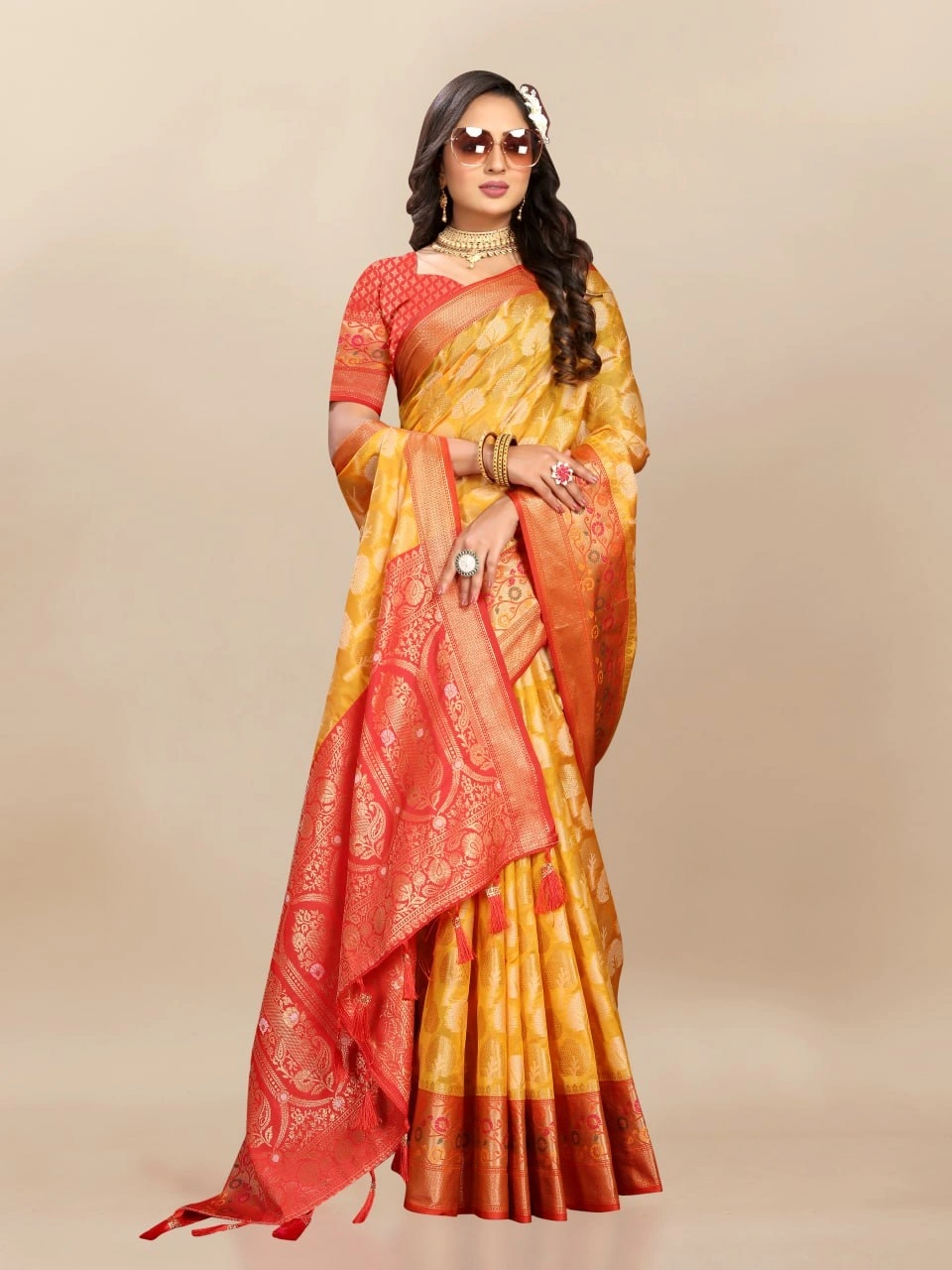 Soft Organza Silk Saree with Elegant Meenakari Weaving Design-Yellow-1