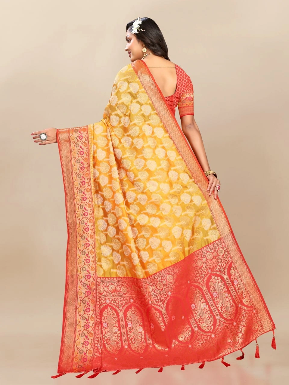 Soft Organza Silk Saree with Elegant Meenakari Weaving Design-Yellow-3