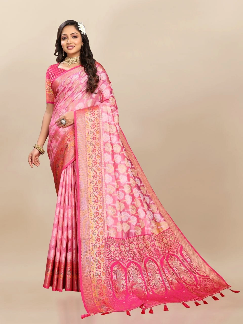 Soft Organza Silk Saree with Elegant Meenakari Weaving Design-RMNX-308-Pink