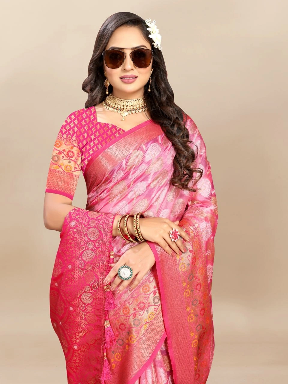 Soft Organza Silk Saree with Elegant Meenakari Weaving Design-Pink-1