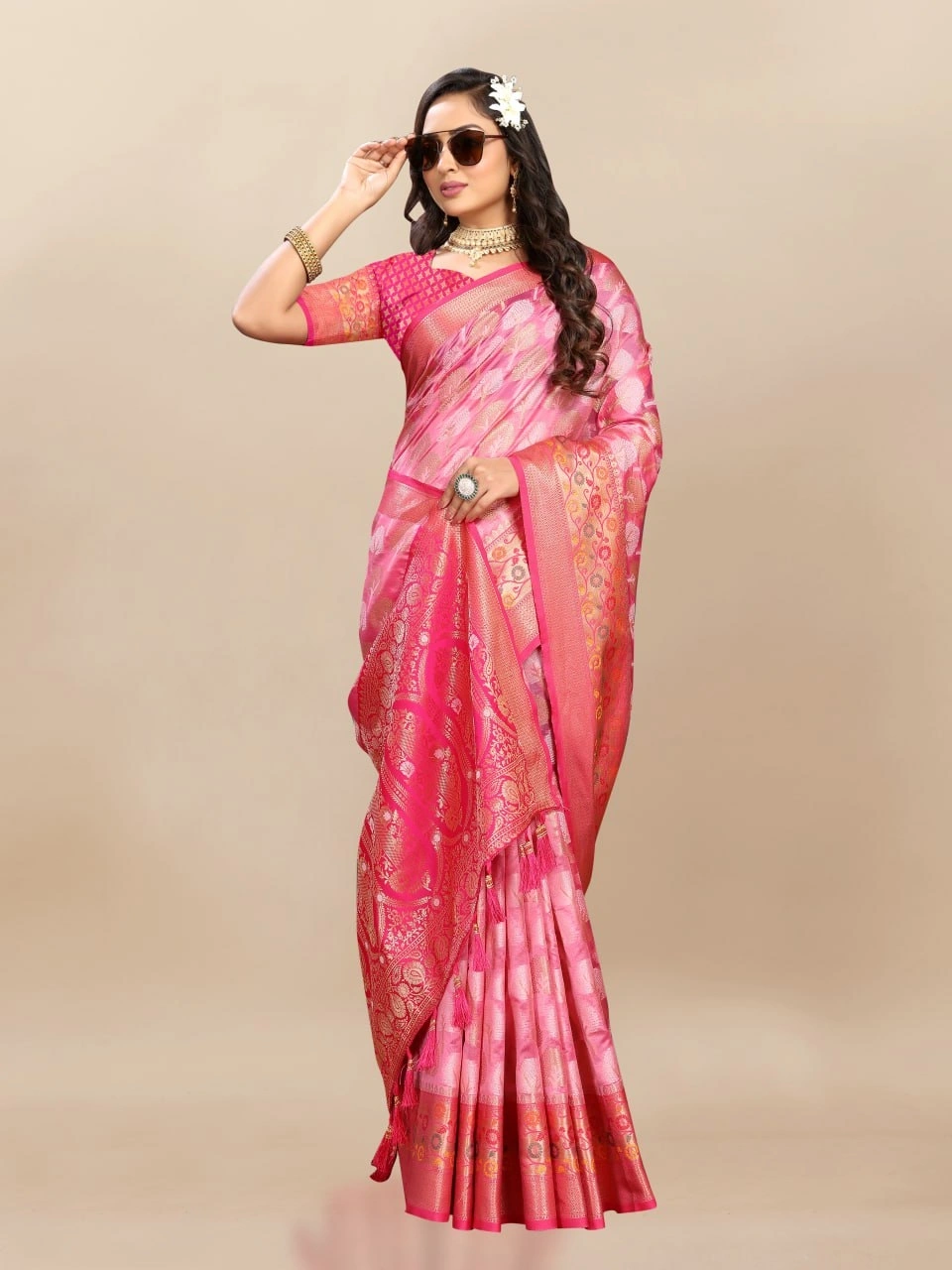 Soft Organza Silk Saree with Elegant Meenakari Weaving Design-Pink-2