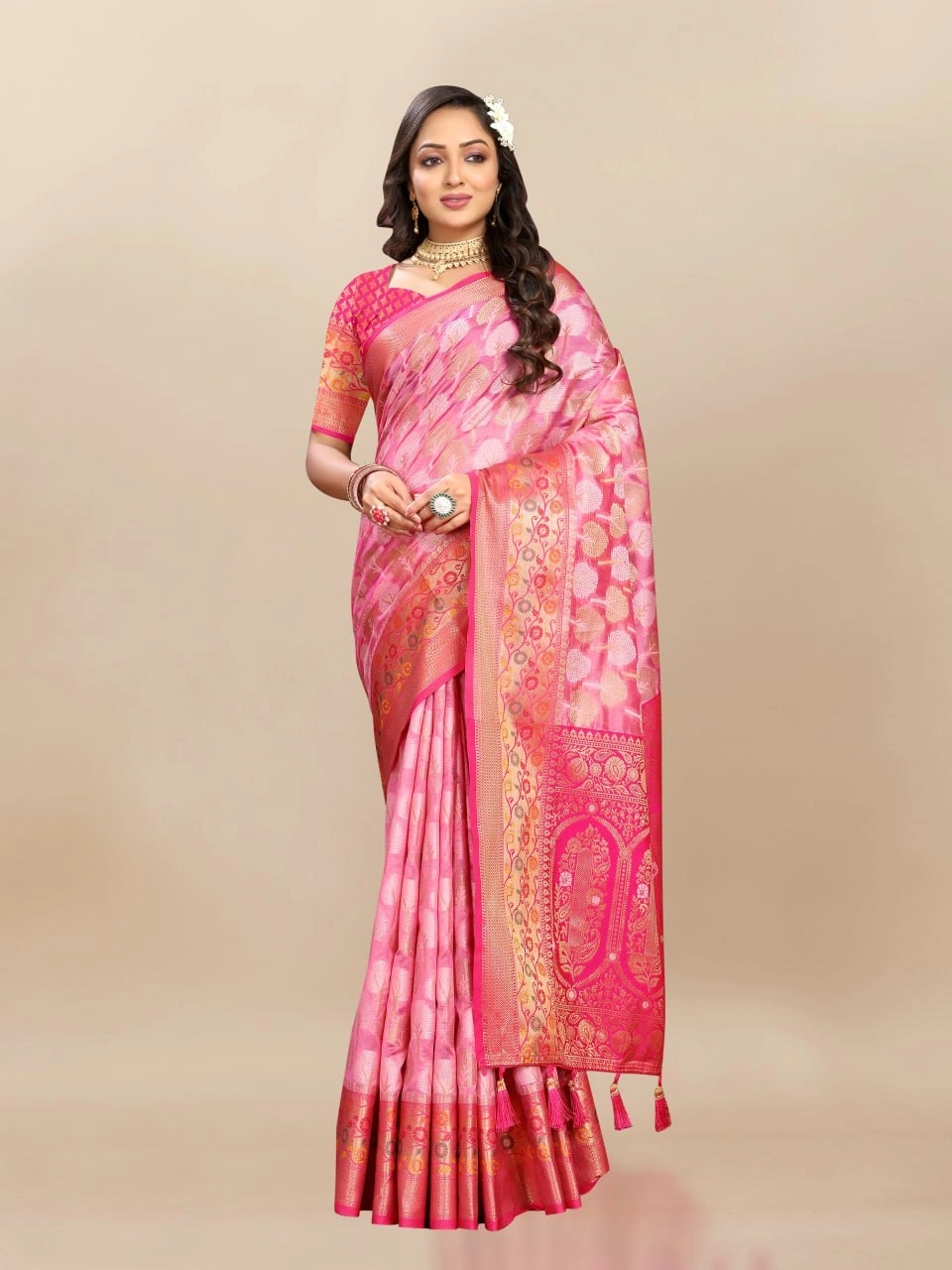 Soft Organza Silk Saree with Elegant Meenakari Weaving Design-Pink-3