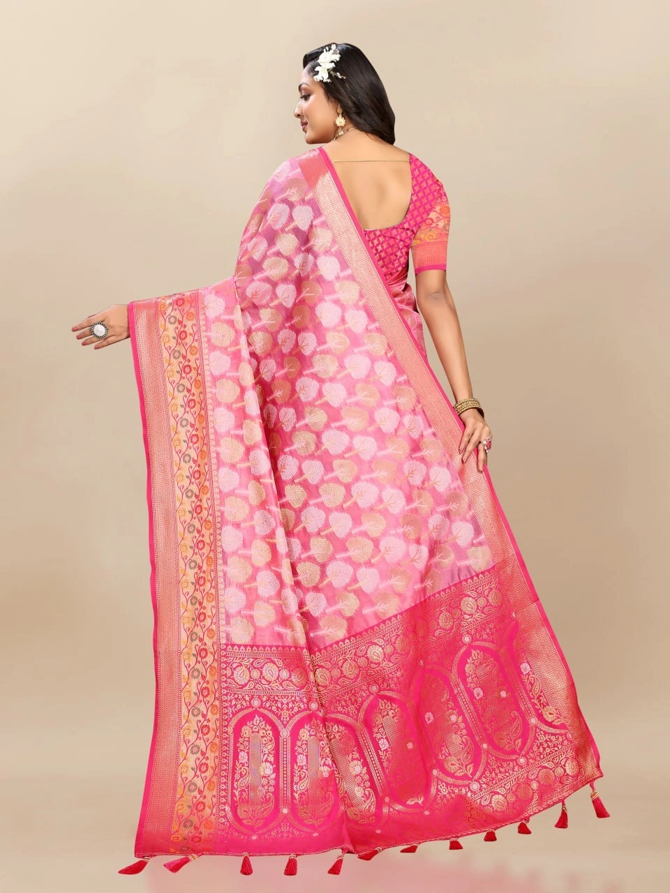 Soft Organza Silk Saree with Elegant Meenakari Weaving Design-Pink-4