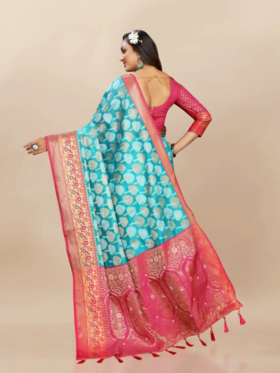 Soft Organza Silk Saree with Elegant Meenakari Weaving Design-Firozi-3