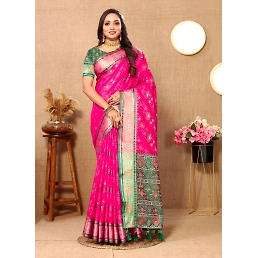 Soft Patola Silk Saree with Meenakari Zari Motifs, Rich Pallu, and Silk Blouse Piece