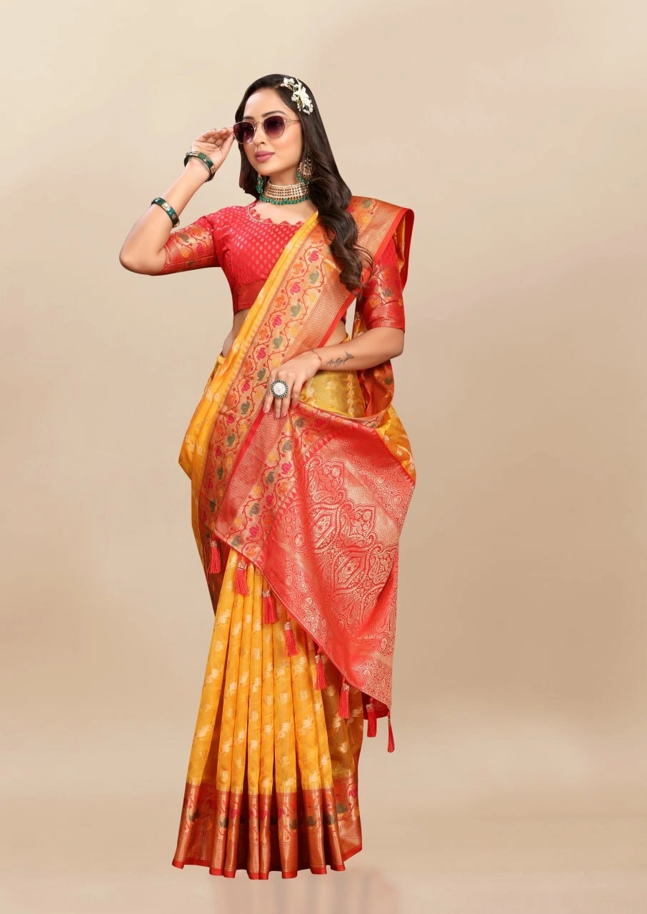 Soft Organza Silk Saree with Meenakari Weaving, Rich Pallu, Zari Border &amp; Silk Blouse-RMNX-313-Yellow