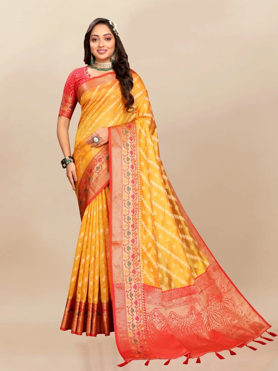 Soft Organza Silk Saree with Meenakari Weaving, Rich Pallu, Zari Border &amp; Silk Blouse-Yellow-1