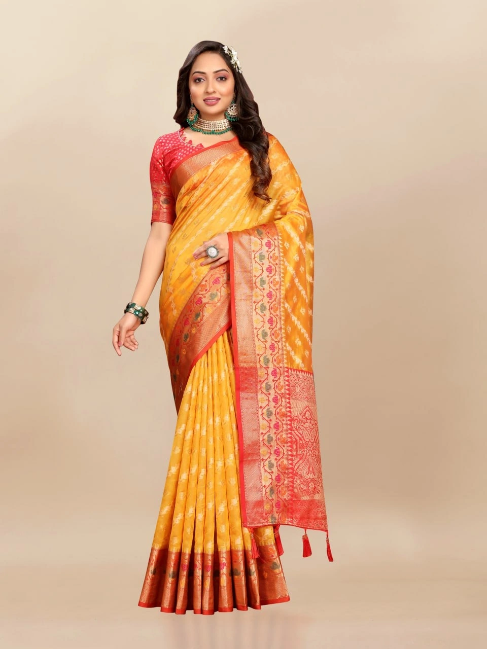 Soft Organza Silk Saree with Meenakari Weaving, Rich Pallu, Zari Border &amp; Silk Blouse-Yellow-2