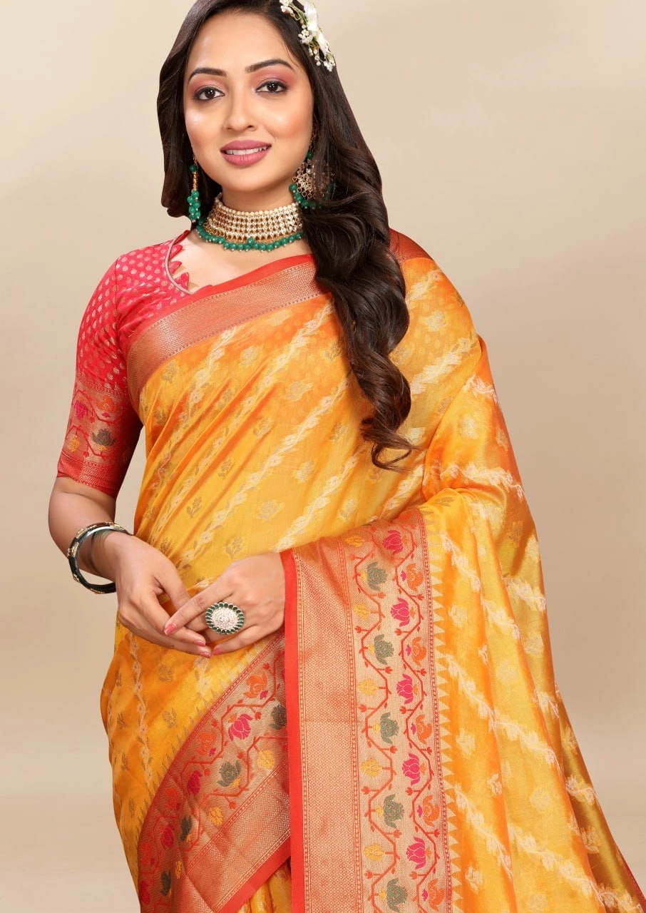 Soft Organza Silk Saree with Meenakari Weaving, Rich Pallu, Zari Border &amp; Silk Blouse-Yellow-3