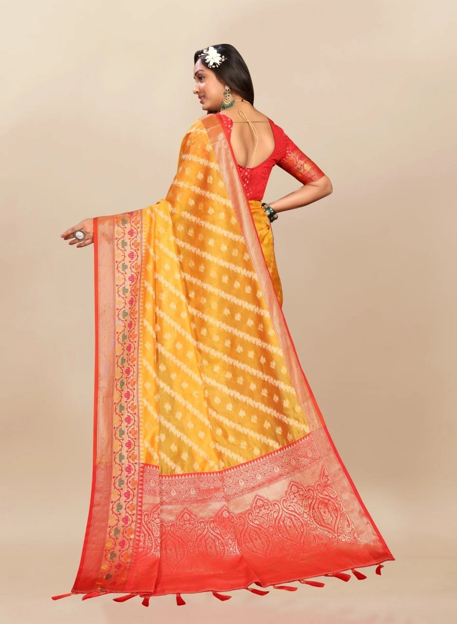 Soft Organza Silk Saree with Meenakari Weaving, Rich Pallu, Zari Border &amp; Silk Blouse-Yellow-4