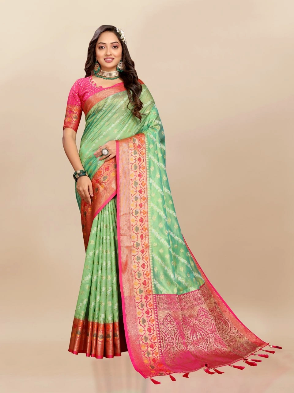 Soft Organza Silk Saree with Meenakari Weaving, Rich Pallu, Zari Border &amp; Silk Blouse-Pista-2