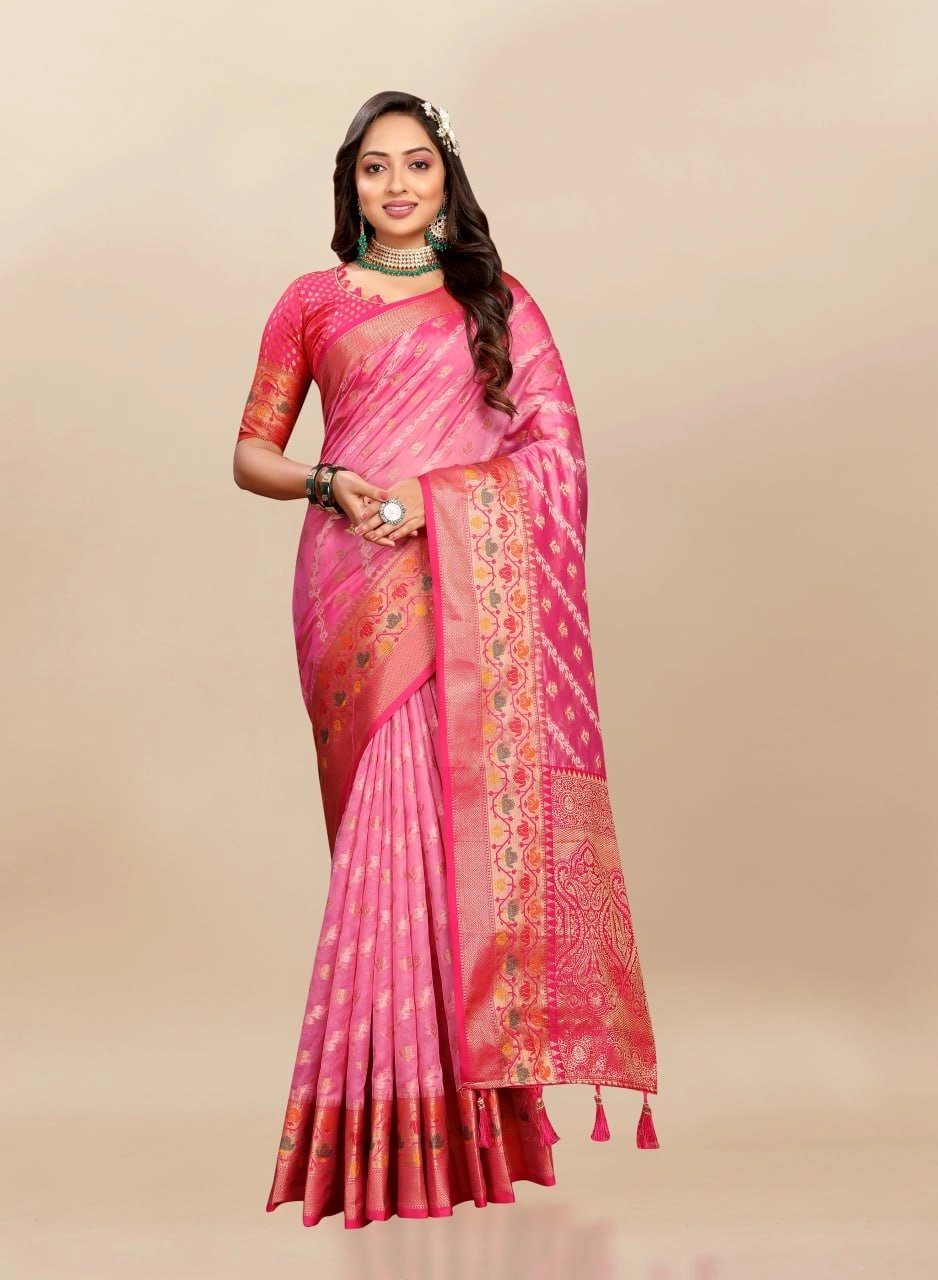 Soft Organza Silk Saree with Meenakari Weaving, Rich Pallu, Zari Border &amp; Silk Blouse-RMNX-313-Pink