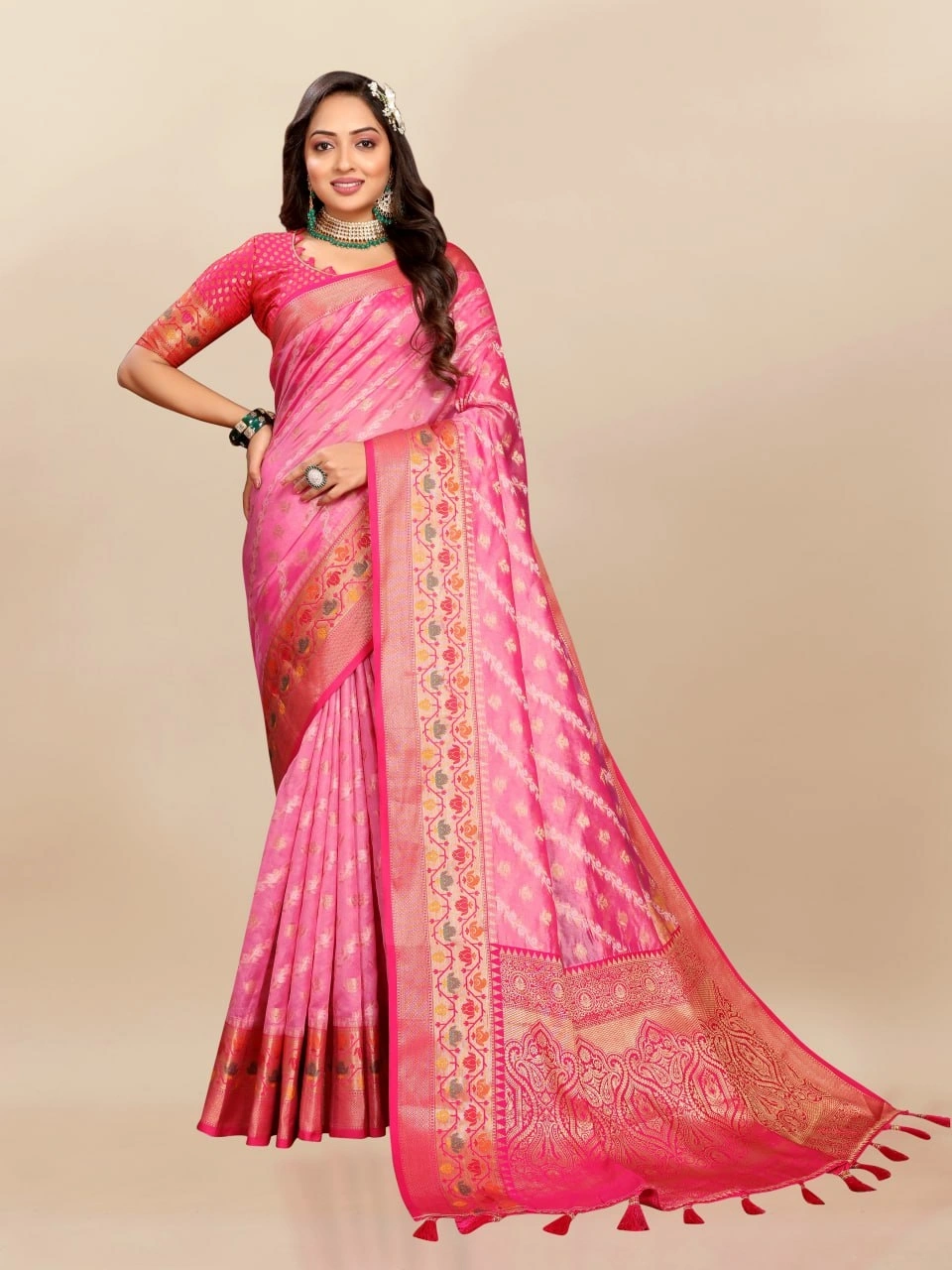 Soft Organza Silk Saree with Meenakari Weaving, Rich Pallu, Zari Border &amp; Silk Blouse-Pink-1