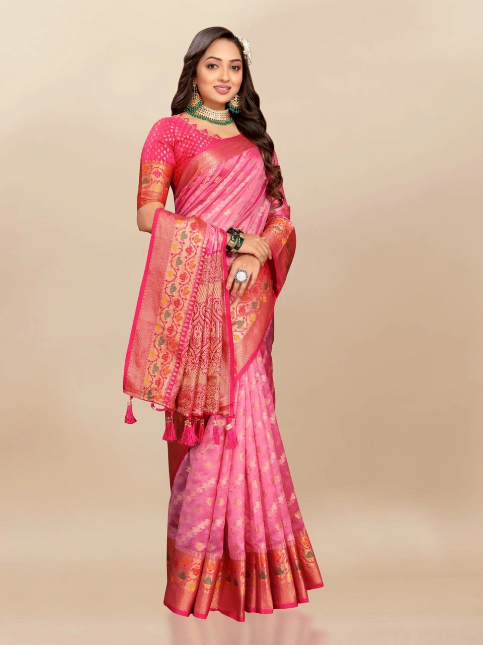 Soft Organza Silk Saree with Meenakari Weaving, Rich Pallu, Zari Border &amp; Silk Blouse-Pink-2