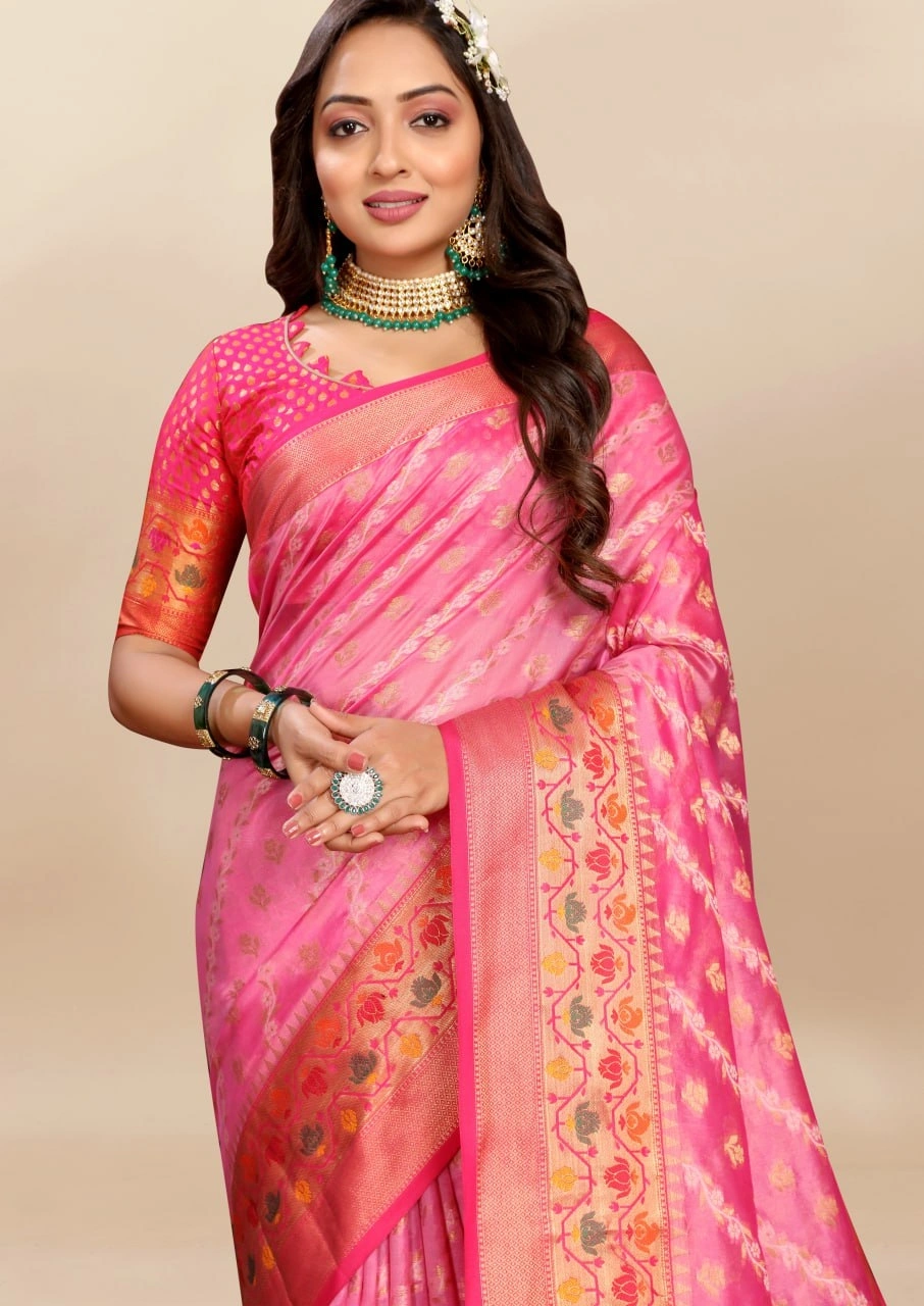 Soft Organza Silk Saree with Meenakari Weaving, Rich Pallu, Zari Border &amp; Silk Blouse-Pink-3