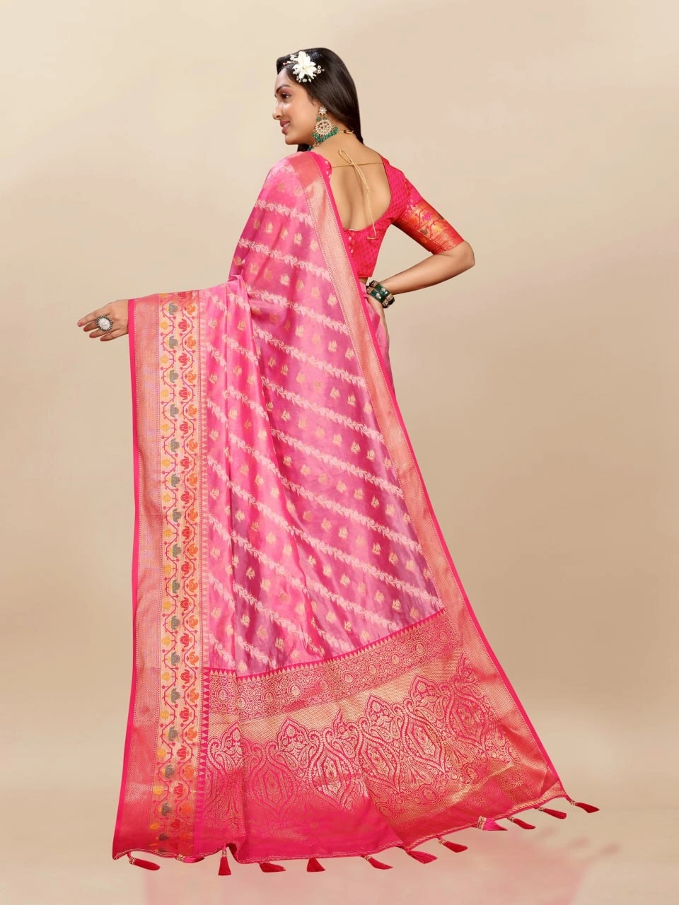 Soft Organza Silk Saree with Meenakari Weaving, Rich Pallu, Zari Border &amp; Silk Blouse-Pink-4