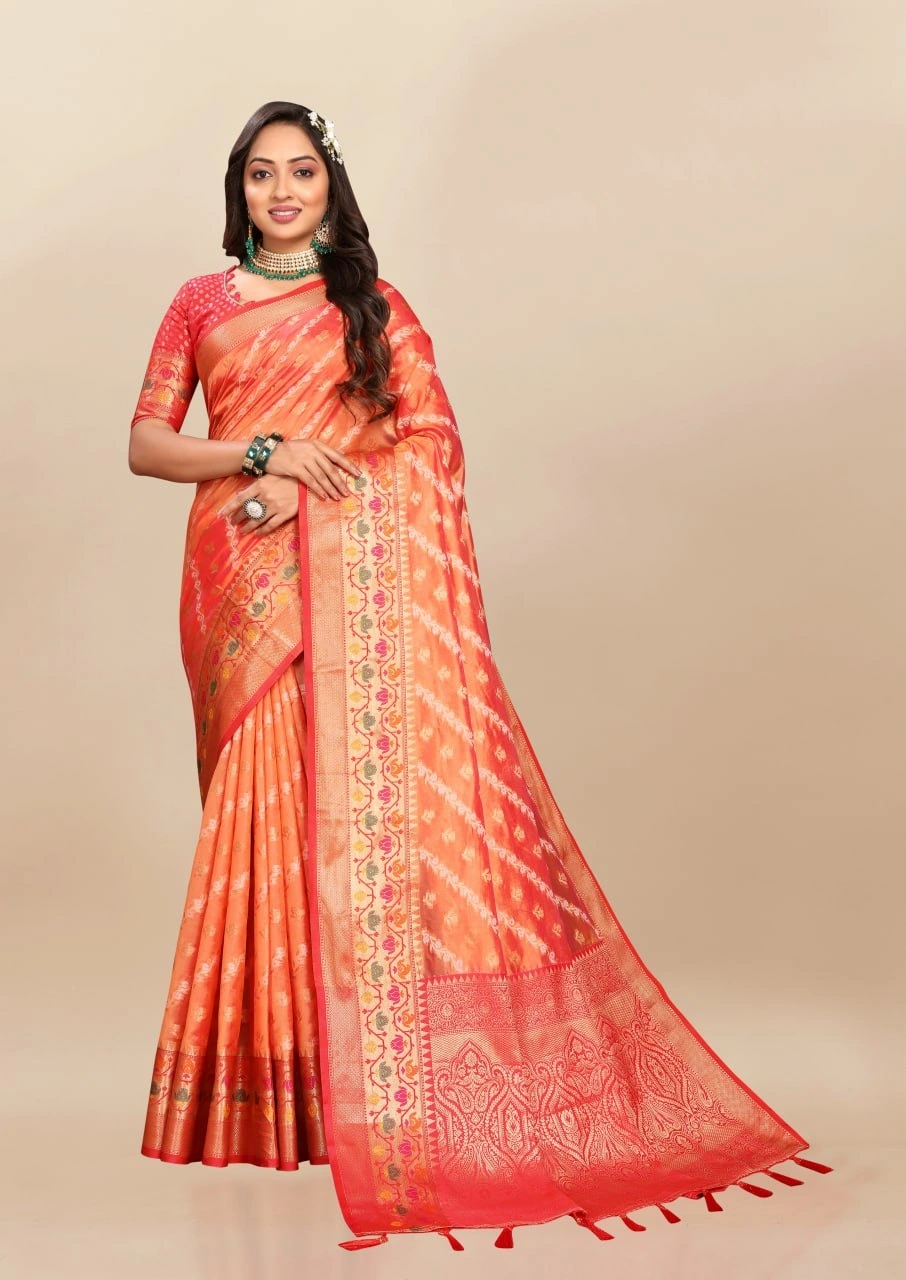 Soft Organza Silk Saree with Meenakari Weaving, Rich Pallu, Zari Border &amp; Silk Blouse-RMNX-313-Orange