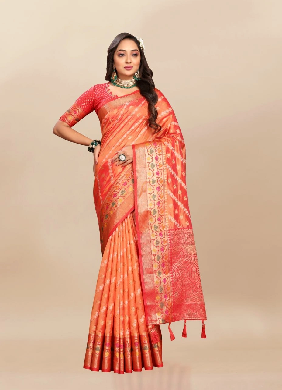 Soft Organza Silk Saree with Meenakari Weaving, Rich Pallu, Zari Border &amp; Silk Blouse-Orange-1