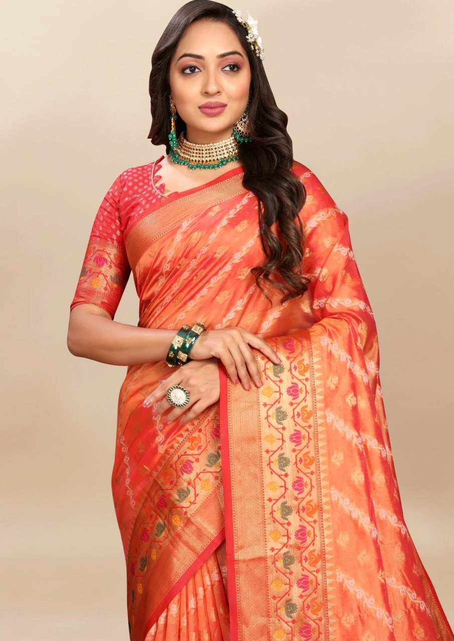 Soft Organza Silk Saree with Meenakari Weaving, Rich Pallu, Zari Border &amp; Silk Blouse-Orange-2