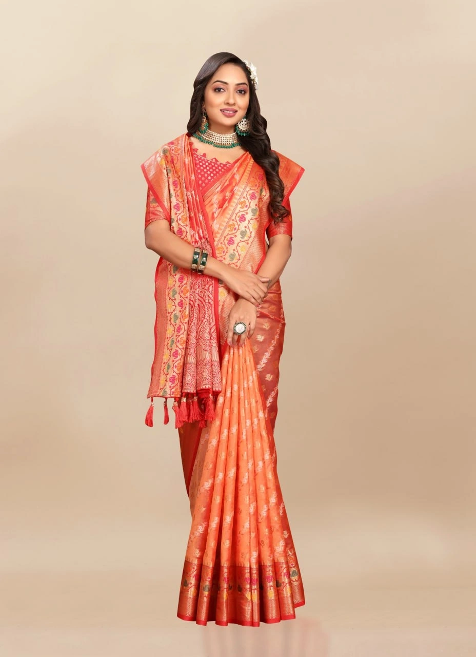 Soft Organza Silk Saree with Meenakari Weaving, Rich Pallu, Zari Border &amp; Silk Blouse-Orange-3