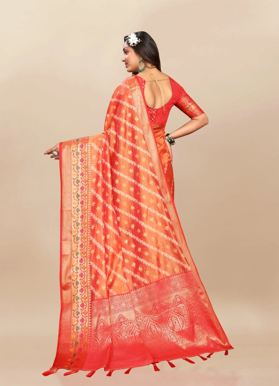 Soft Organza Silk Saree with Meenakari Weaving, Rich Pallu, Zari Border &amp; Silk Blouse-Orange-4