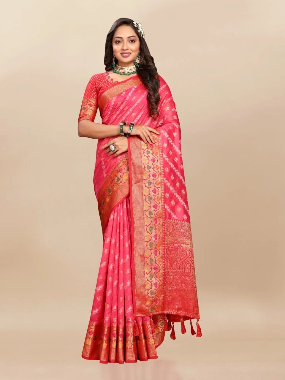 Soft Organza Silk Saree with Meenakari Weaving, Rich Pallu, Zari Border &amp; Silk Blouse-RMNX-313-Red