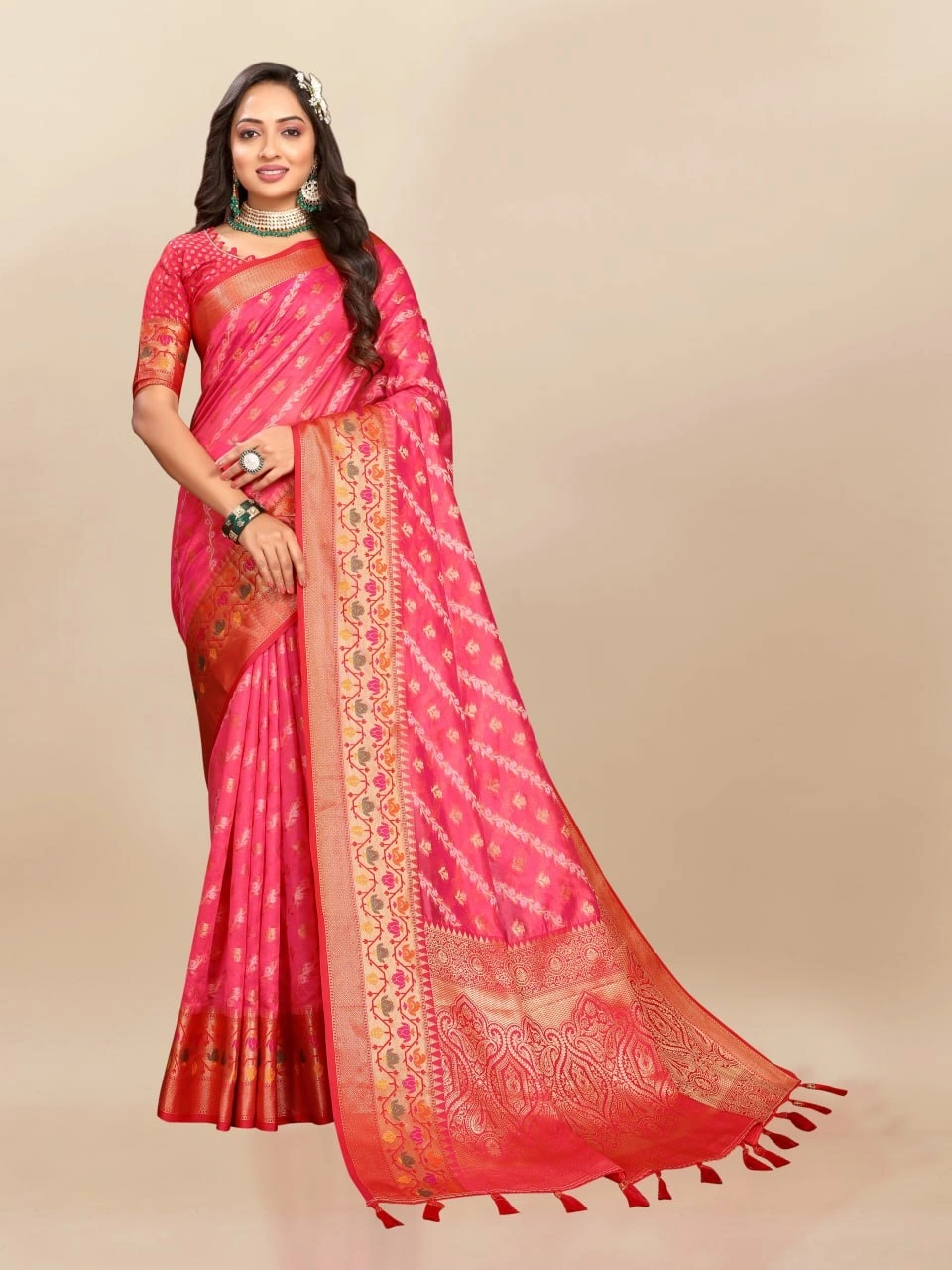 Soft Organza Silk Saree with Meenakari Weaving, Rich Pallu, Zari Border &amp; Silk Blouse-Red-1