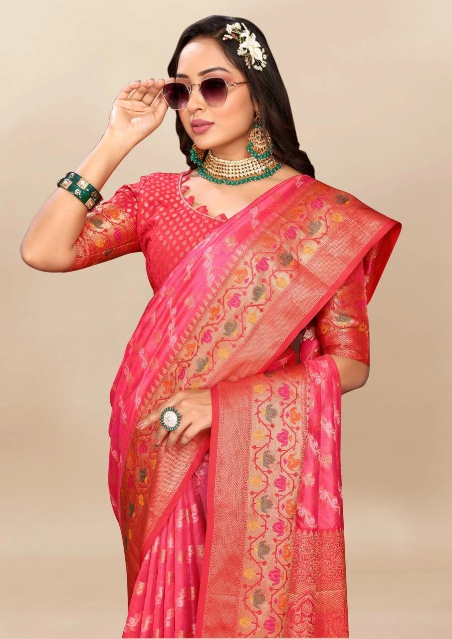 Soft Organza Silk Saree with Meenakari Weaving, Rich Pallu, Zari Border &amp; Silk Blouse-Red-2