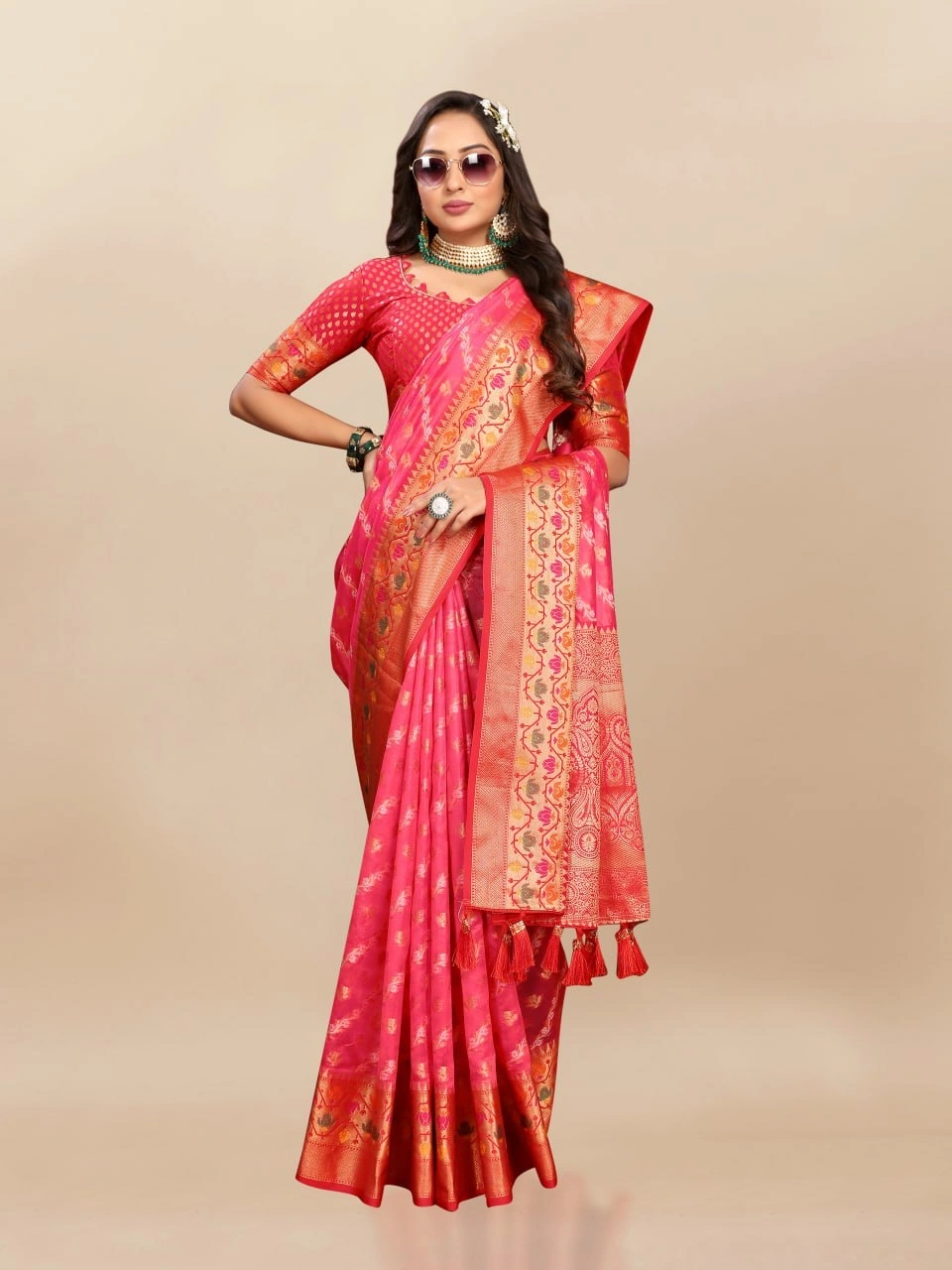 Soft Organza Silk Saree with Meenakari Weaving, Rich Pallu, Zari Border &amp; Silk Blouse-Red-3