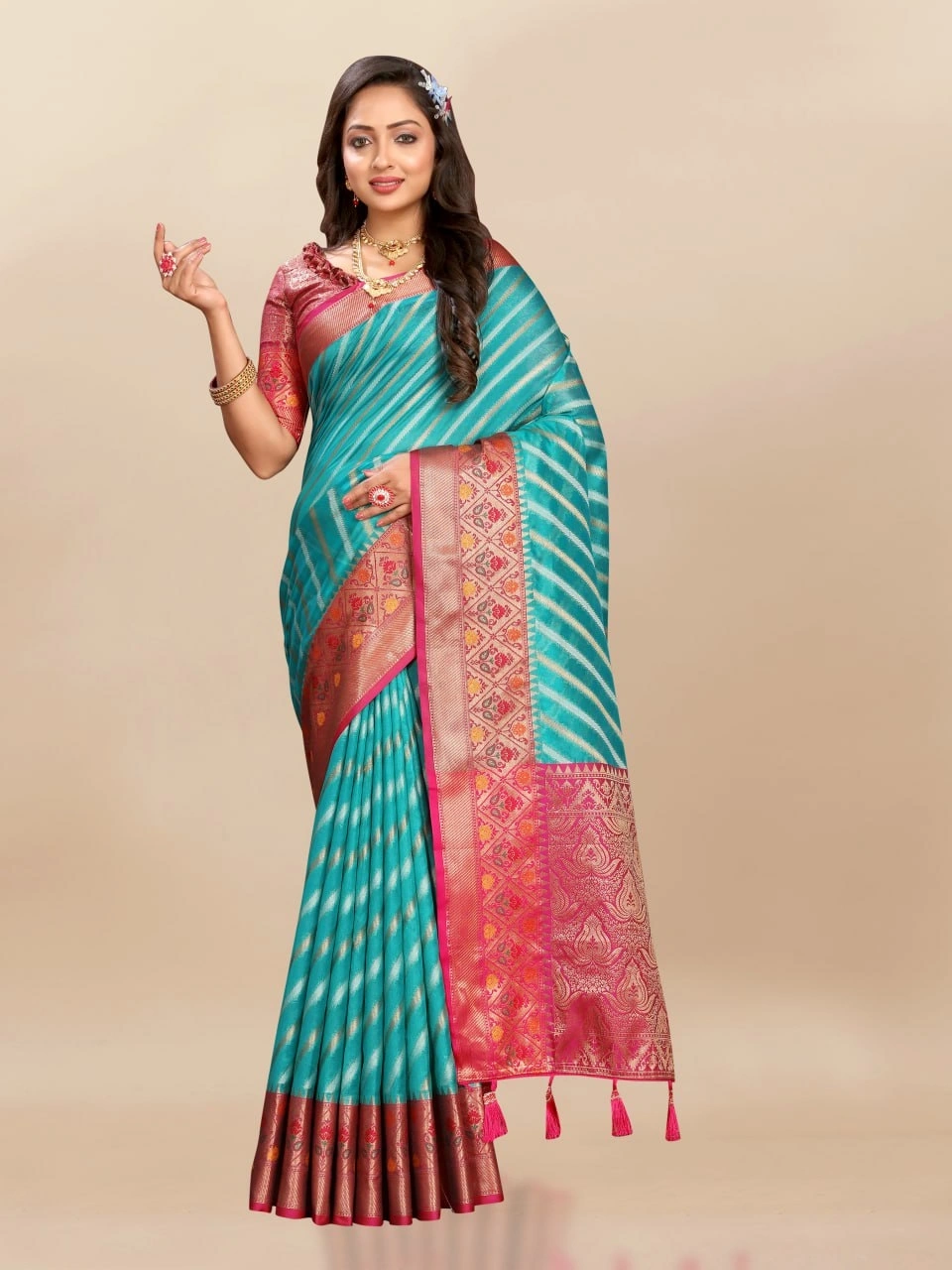 Soft Organza Silk Saree with Meenakari Weaving, Rich Pallu, Zari Border &amp; Silk Blouse-RMNX-314-Rama