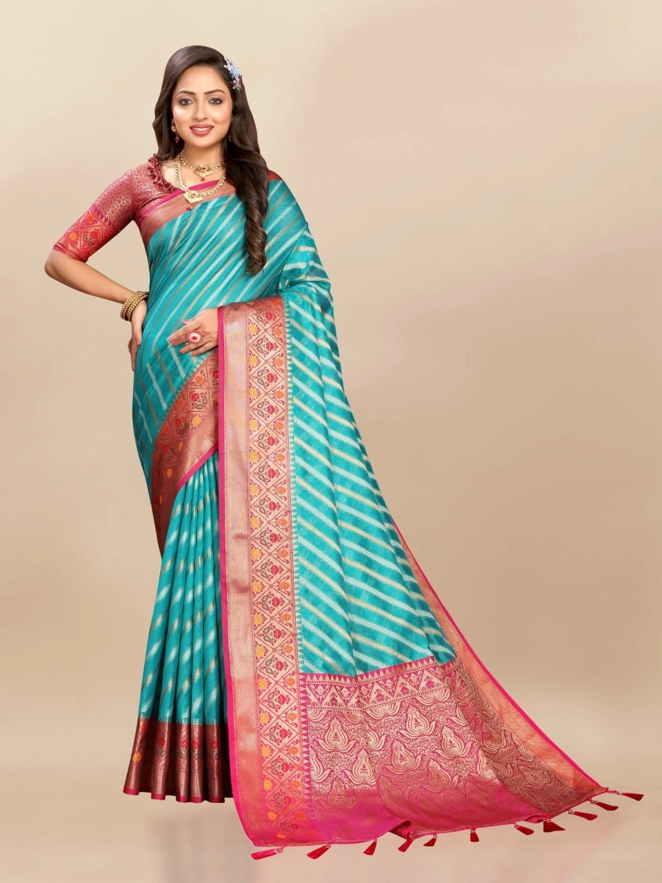 Soft Organza Silk Saree with Meenakari Weaving, Rich Pallu, Zari Border &amp; Silk Blouse-Rama-1