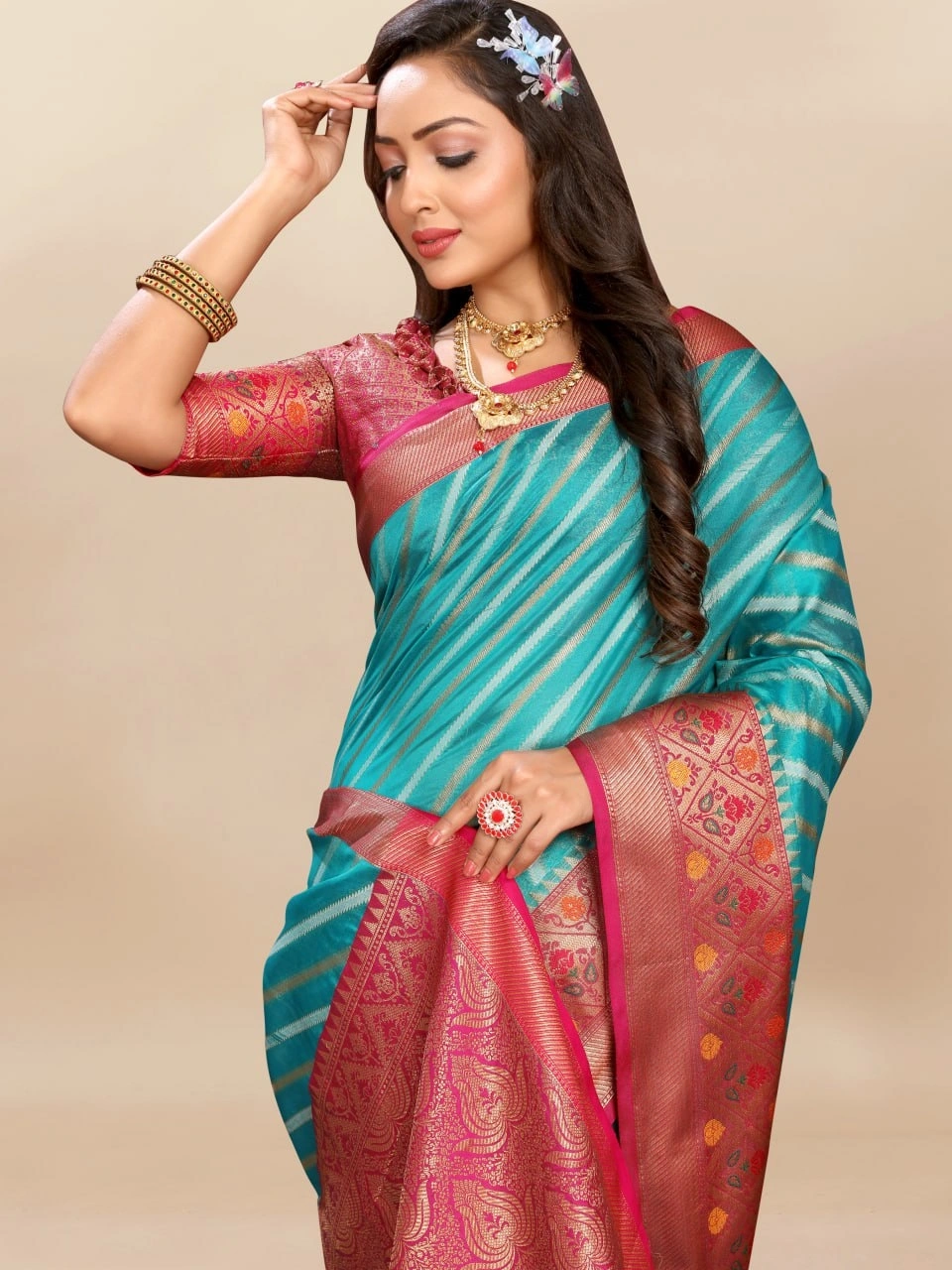 Soft Organza Silk Saree with Meenakari Weaving, Rich Pallu, Zari Border &amp; Silk Blouse-Rama-2