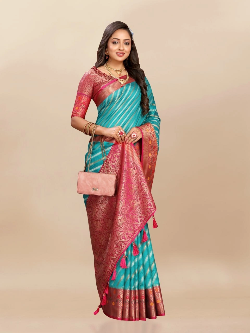 Soft Organza Silk Saree with Meenakari Weaving, Rich Pallu, Zari Border &amp; Silk Blouse-Rama-3