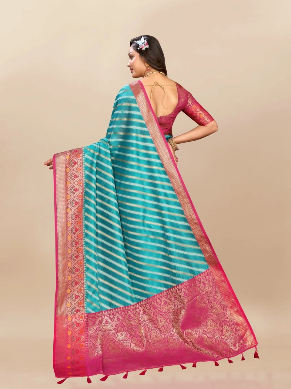 Soft Organza Silk Saree with Meenakari Weaving, Rich Pallu, Zari Border &amp; Silk Blouse-Rama-4