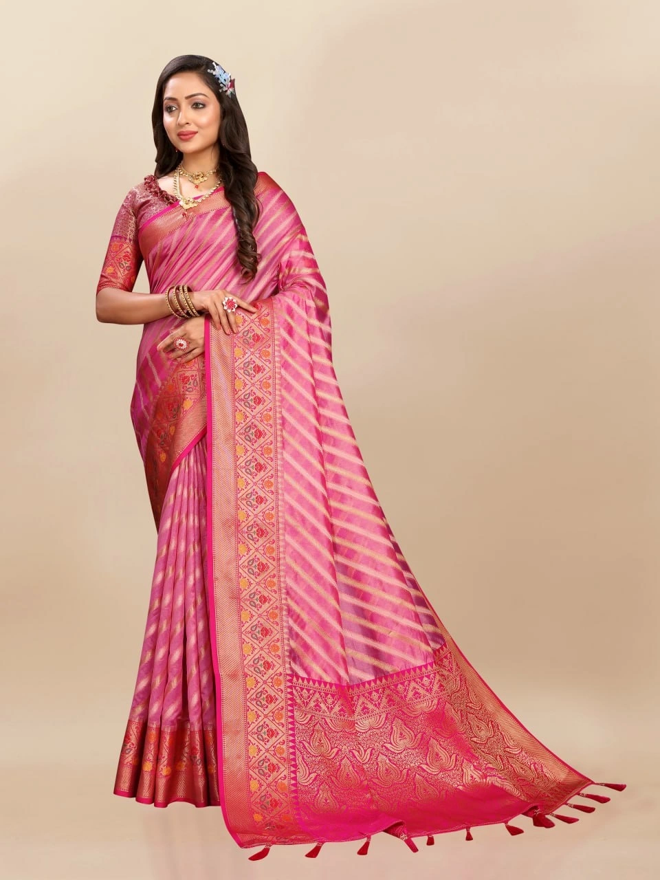 Soft Organza Silk Saree with Meenakari Weaving, Rich Pallu, Zari Border &amp; Silk Blouse-RMNX-314-Pink