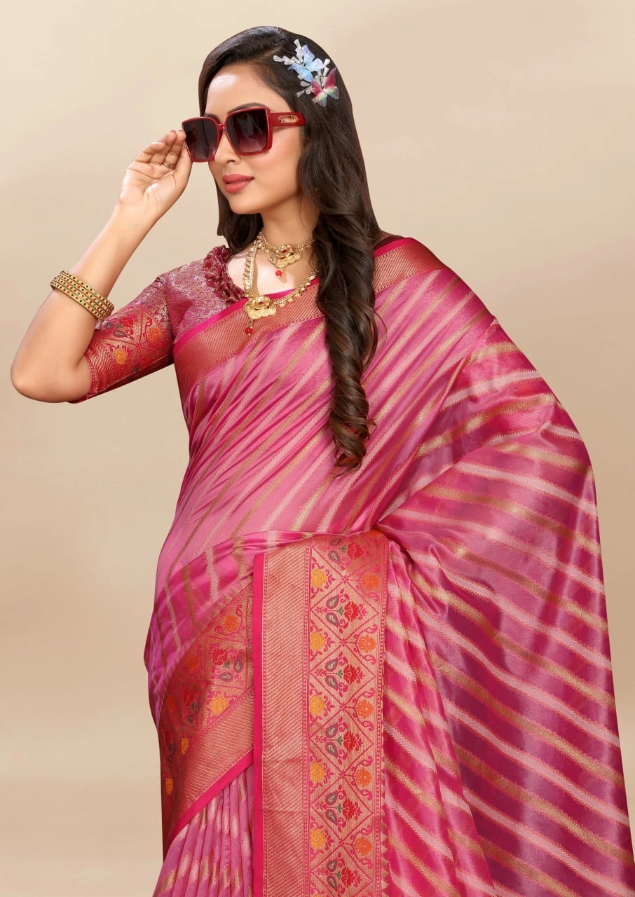 Soft Organza Silk Saree with Meenakari Weaving, Rich Pallu, Zari Border &amp; Silk Blouse-Pink-1