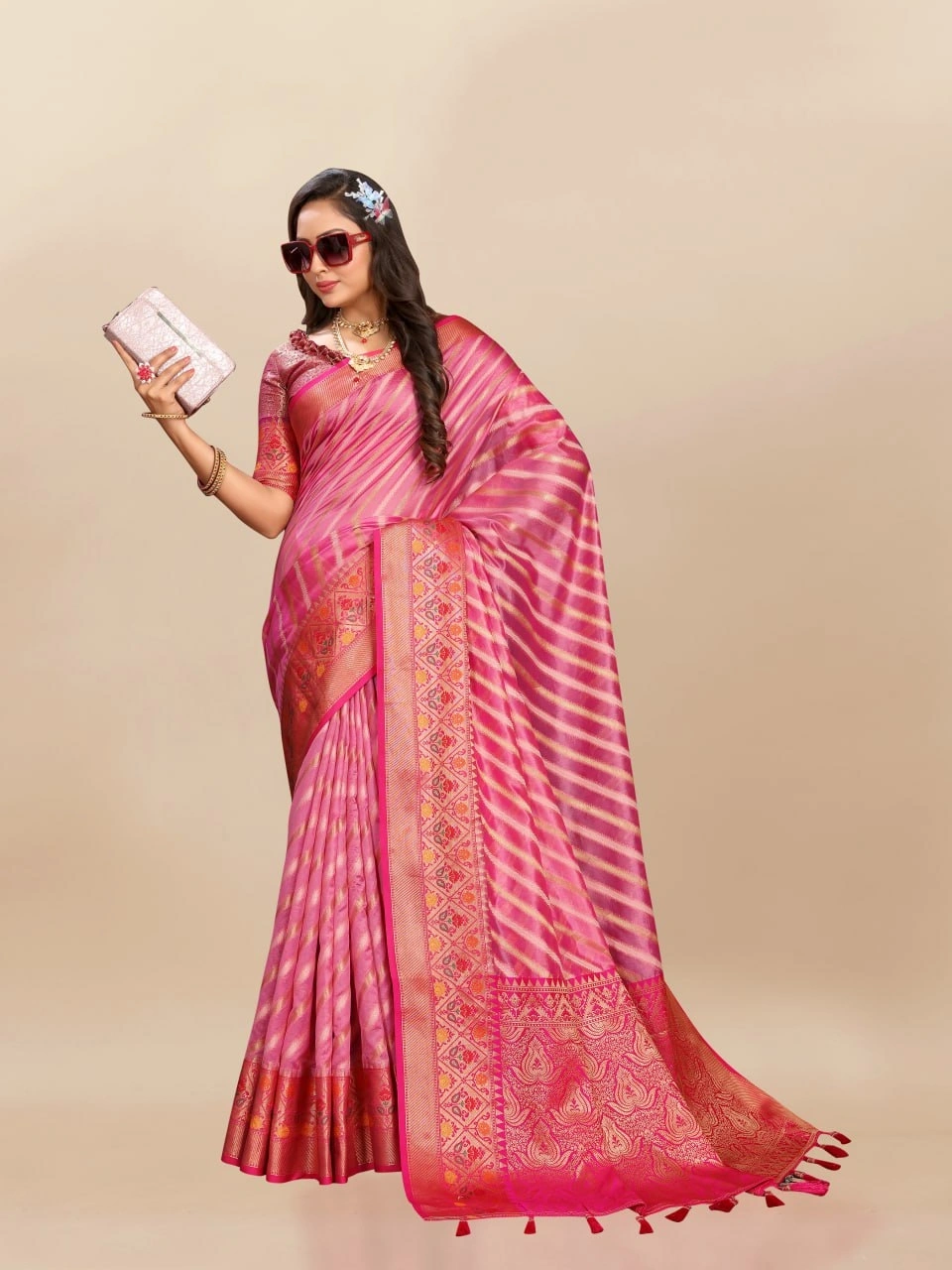 Soft Organza Silk Saree with Meenakari Weaving, Rich Pallu, Zari Border &amp; Silk Blouse-Pink-2