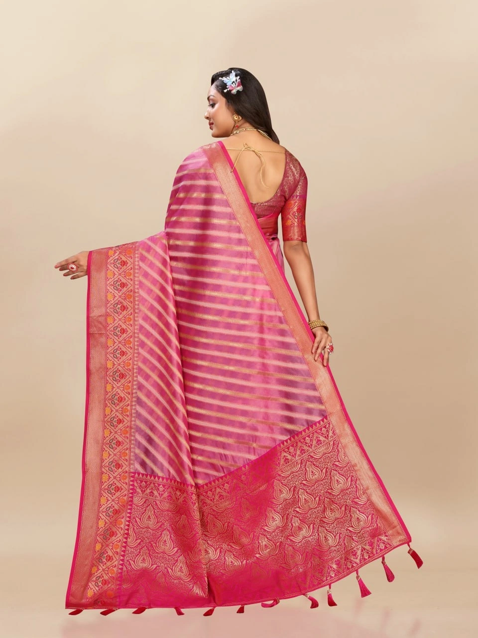 Soft Organza Silk Saree with Meenakari Weaving, Rich Pallu, Zari Border &amp; Silk Blouse-Pink-3