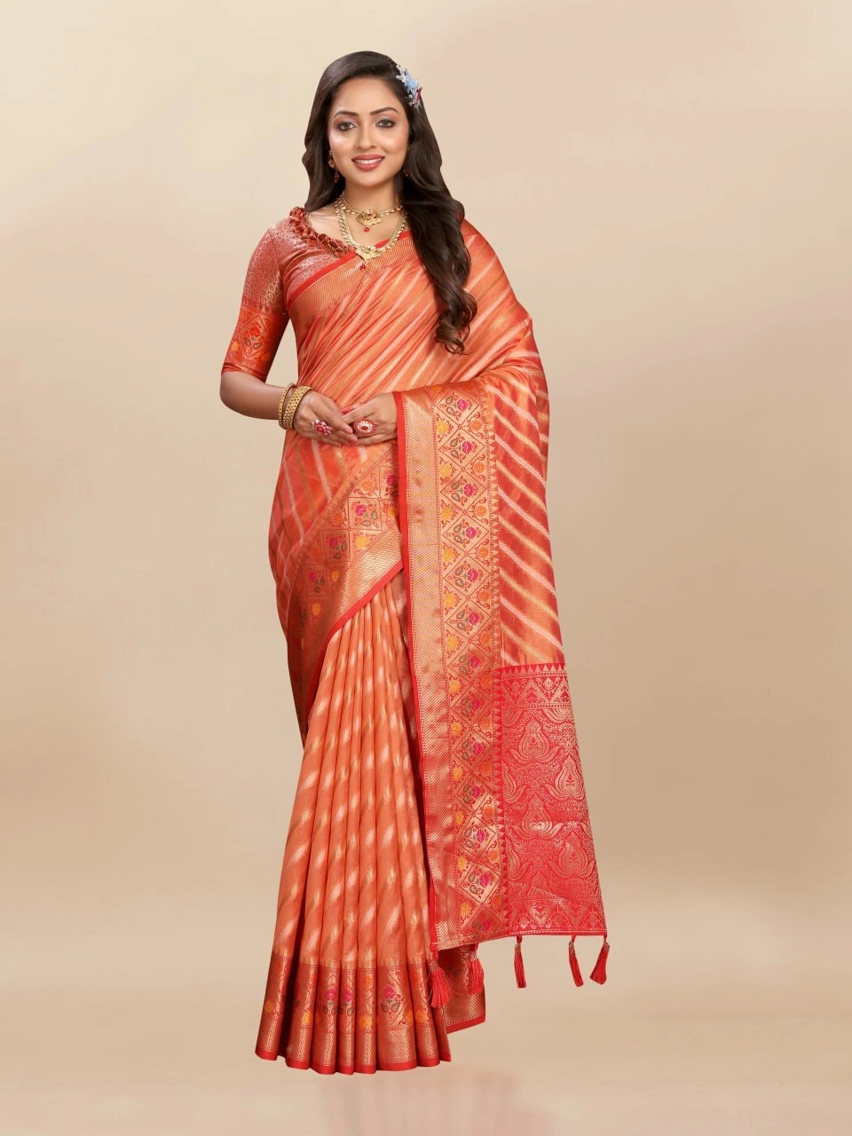 Soft Organza Silk Saree with Meenakari Weaving, Rich Pallu, Zari Border &amp; Silk Blouse-RMNX-314-Orange