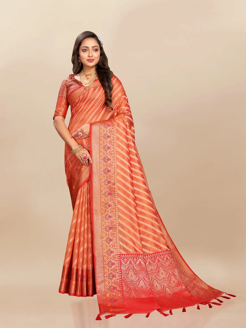 Soft Organza Silk Saree with Meenakari Weaving, Rich Pallu, Zari Border &amp; Silk Blouse-Orange-1