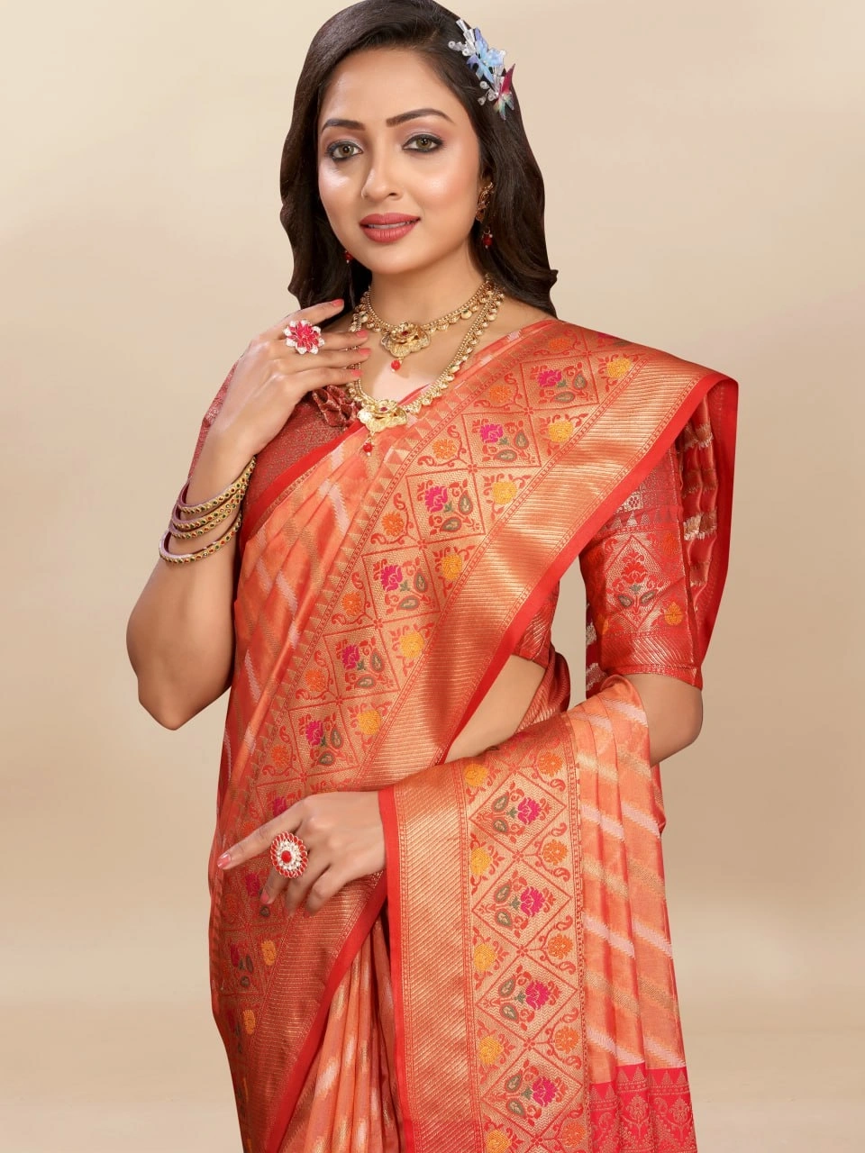 Soft Organza Silk Saree with Meenakari Weaving, Rich Pallu, Zari Border &amp; Silk Blouse-Orange-2