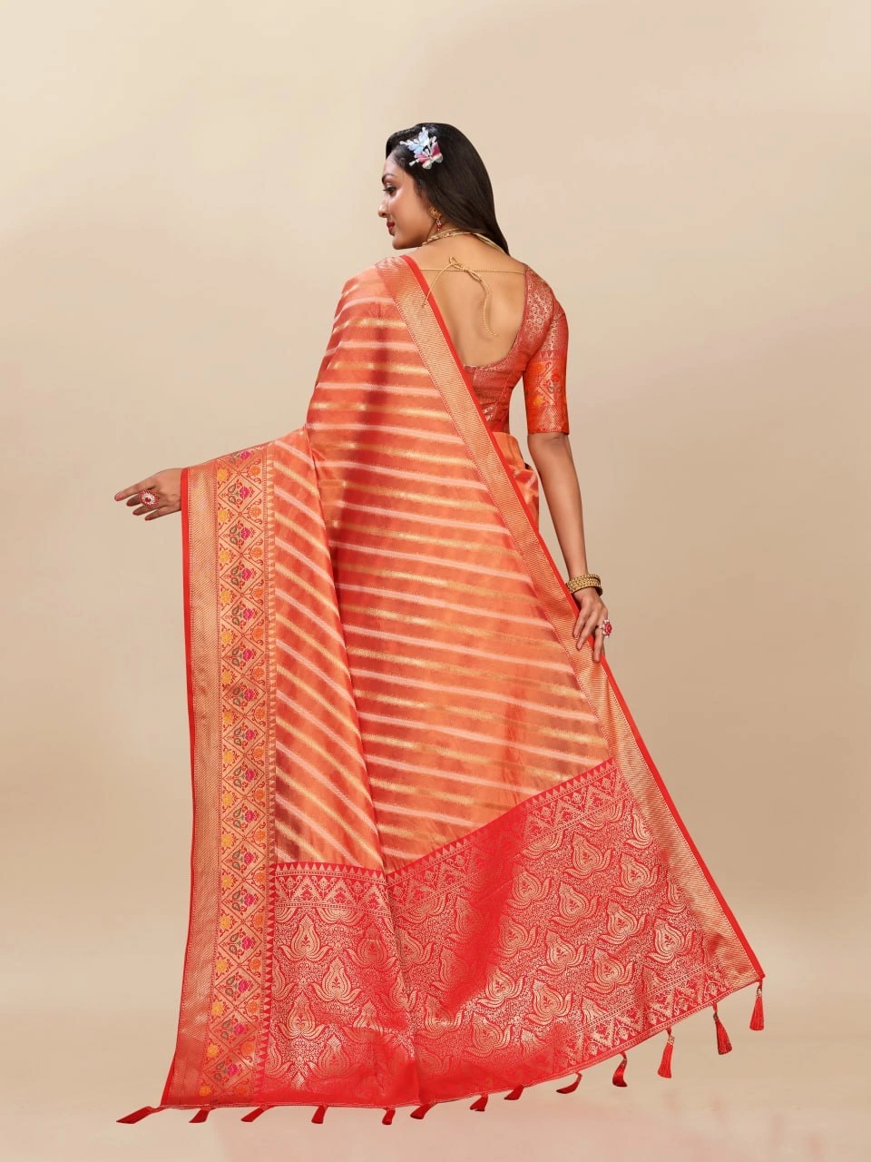 Soft Organza Silk Saree with Meenakari Weaving, Rich Pallu, Zari Border &amp; Silk Blouse-Orange-3