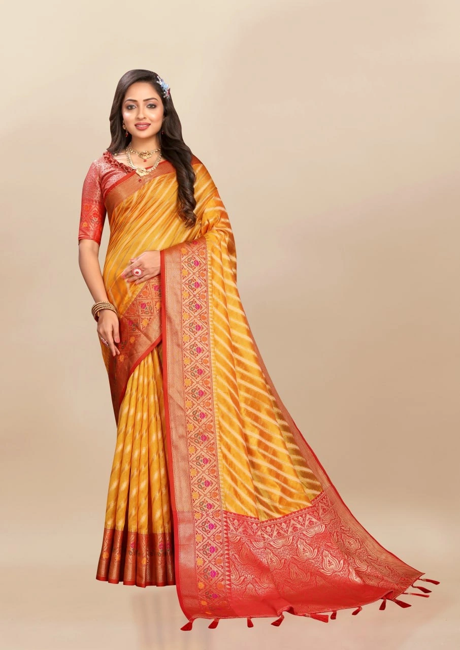 Soft Organza Silk Saree with Meenakari Weaving, Rich Pallu, Zari Border &amp; Silk Blouse-RMNX-314-Yellow