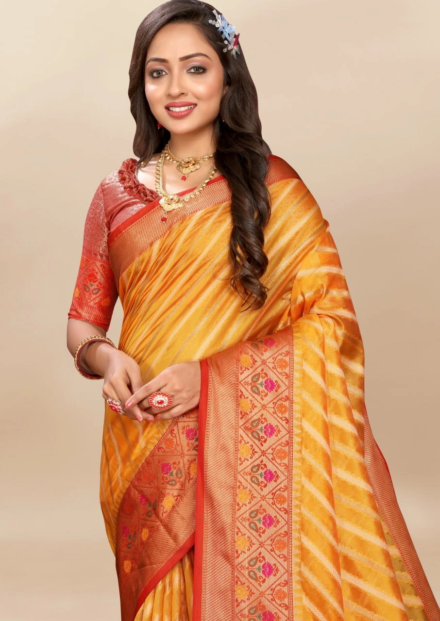 Soft Organza Silk Saree with Meenakari Weaving, Rich Pallu, Zari Border &amp; Silk Blouse-Yellow-1