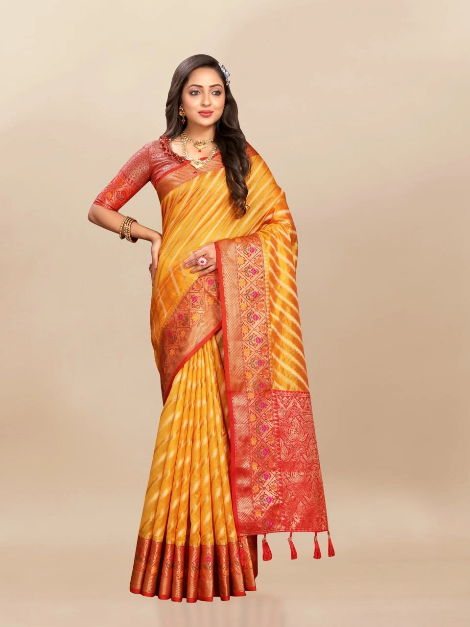 Soft Organza Silk Saree with Meenakari Weaving, Rich Pallu, Zari Border &amp; Silk Blouse-Yellow-2