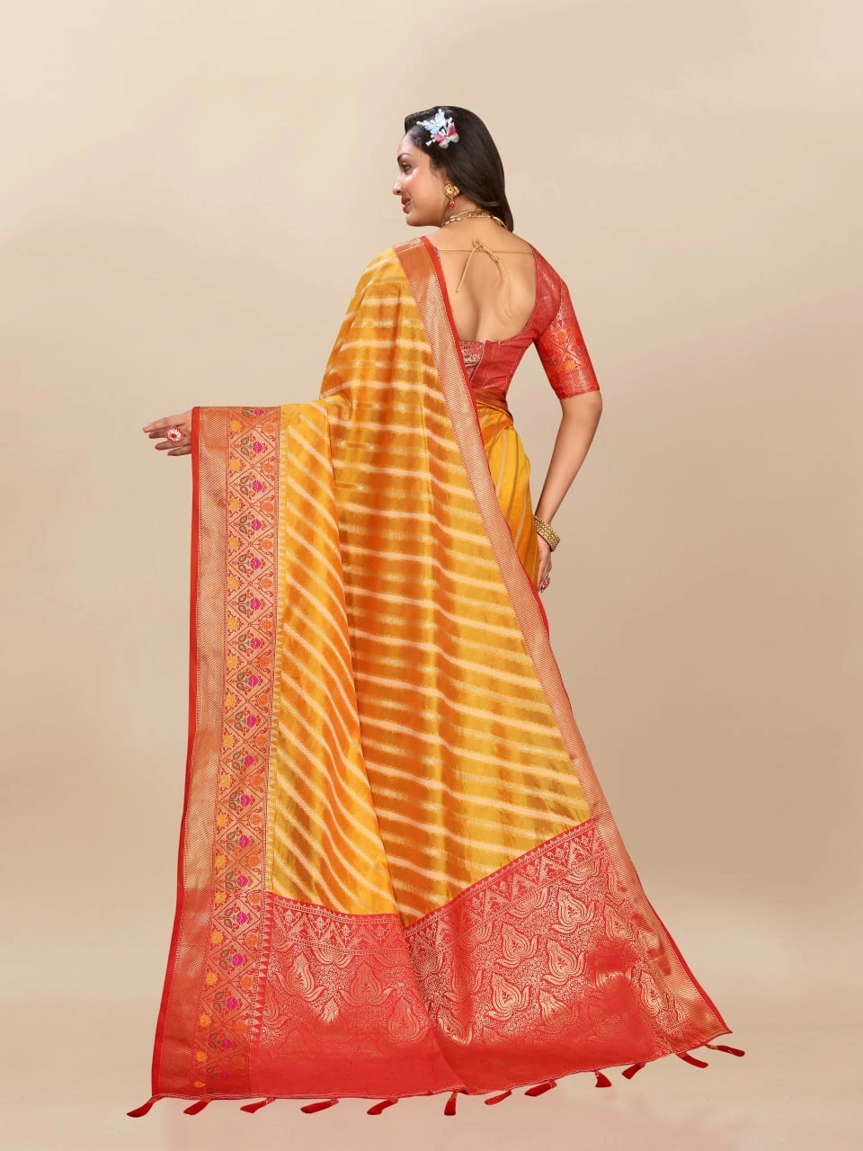 Soft Organza Silk Saree with Meenakari Weaving, Rich Pallu, Zari Border &amp; Silk Blouse-Yellow-3