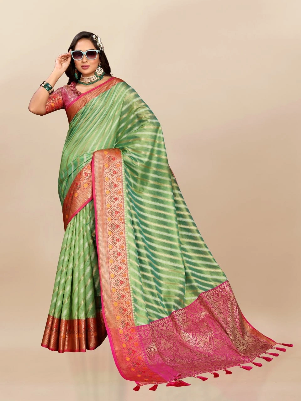 Soft Organza Silk Saree with Meenakari Weaving, Rich Pallu, Zari Border &amp; Silk Blouse-RMNX-314-Pista