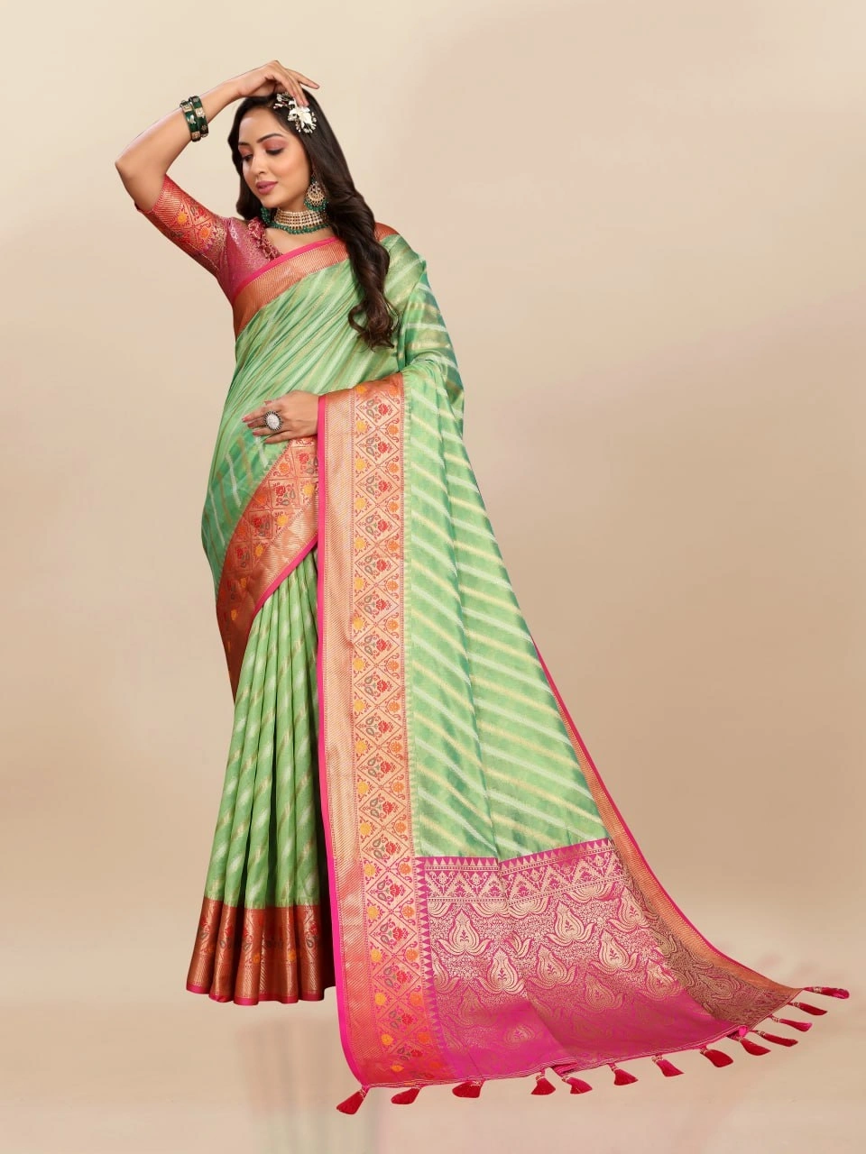 Soft Organza Silk Saree with Meenakari Weaving, Rich Pallu, Zari Border &amp; Silk Blouse-Pista-1